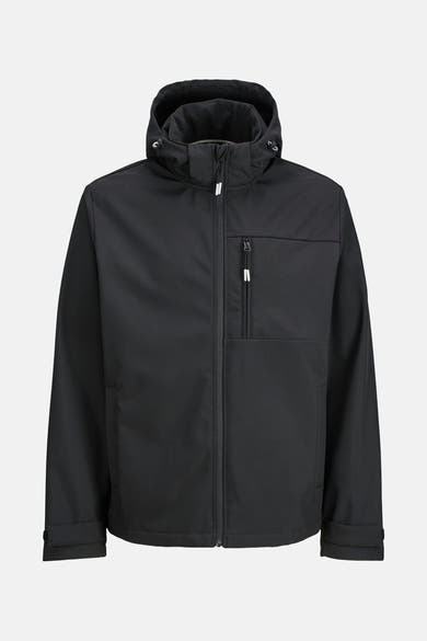 Veste courte noire de JACK & JONES avec une capuche, une fermeture éclair et une poche sur la poitrine.