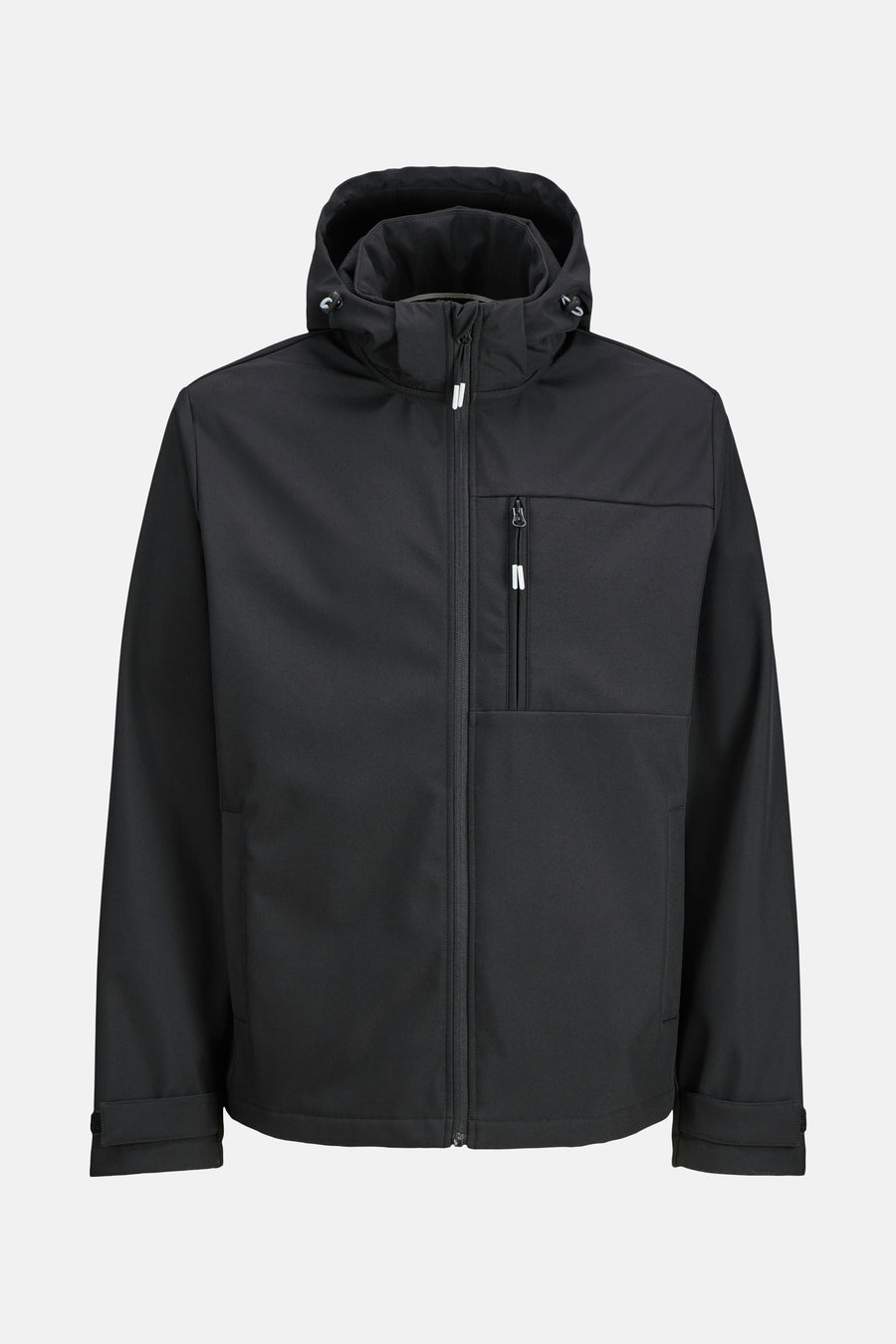 Veste courte noire de JACK & JONES avec une capuche, une fermeture éclair et une poche sur la poitrine.