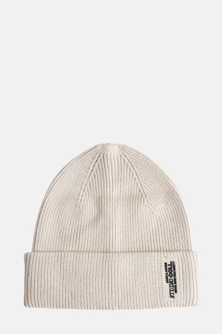 Beige geribde gebreide muts van ACCESSORIES BY JACK & JONES, met omgeslagen rand en zwart opgestikt label.