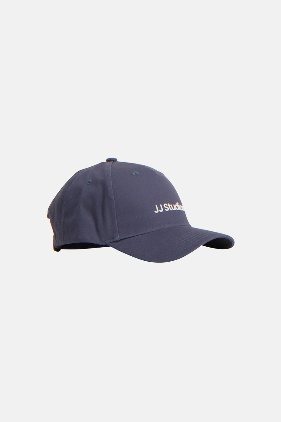 Casquette bleue d'ACCESSORIES BY JACK & JONES, avec inscription blanche sur le côté, vue de profil.