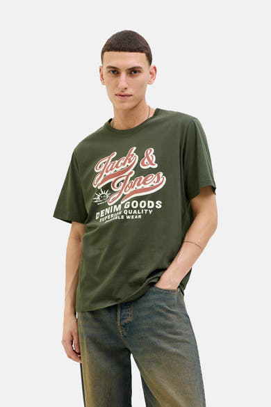 T-shirt à manches courtes vert de ORIGINALS BY JACK & JONES, avec un imprimé graphique sur le devant.