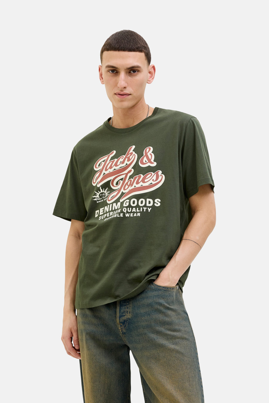 T-shirt à manches courtes vert de ORIGINALS BY JACK & JONES, avec un imprimé graphique sur le devant.