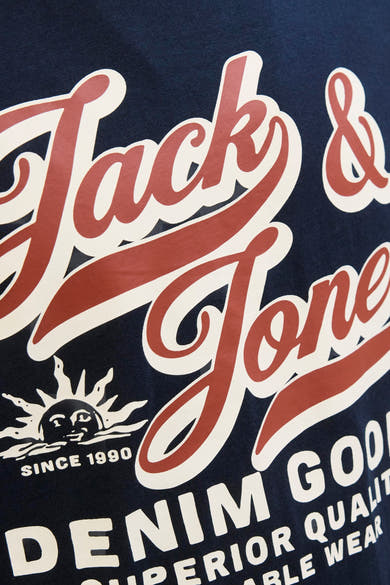 Blauwe T-shirt met korte mouwen van ORIGINALS BY JACK & JONES, met decoratieve belettering en zonmotief.