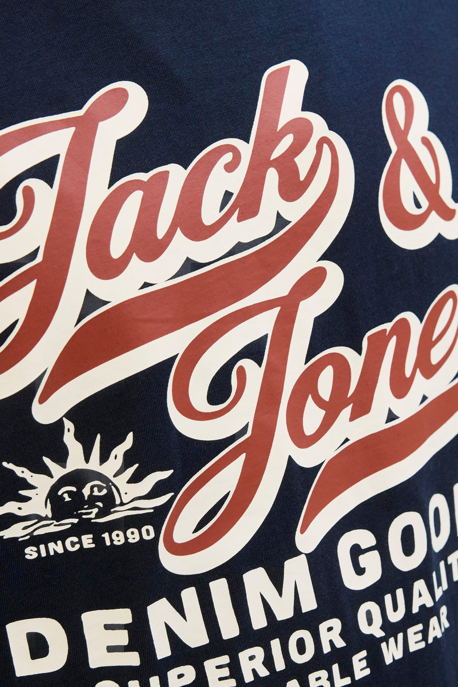 Blauwe T-shirt met korte mouwen van ORIGINALS BY JACK & JONES, met decoratieve belettering en zonmotief.