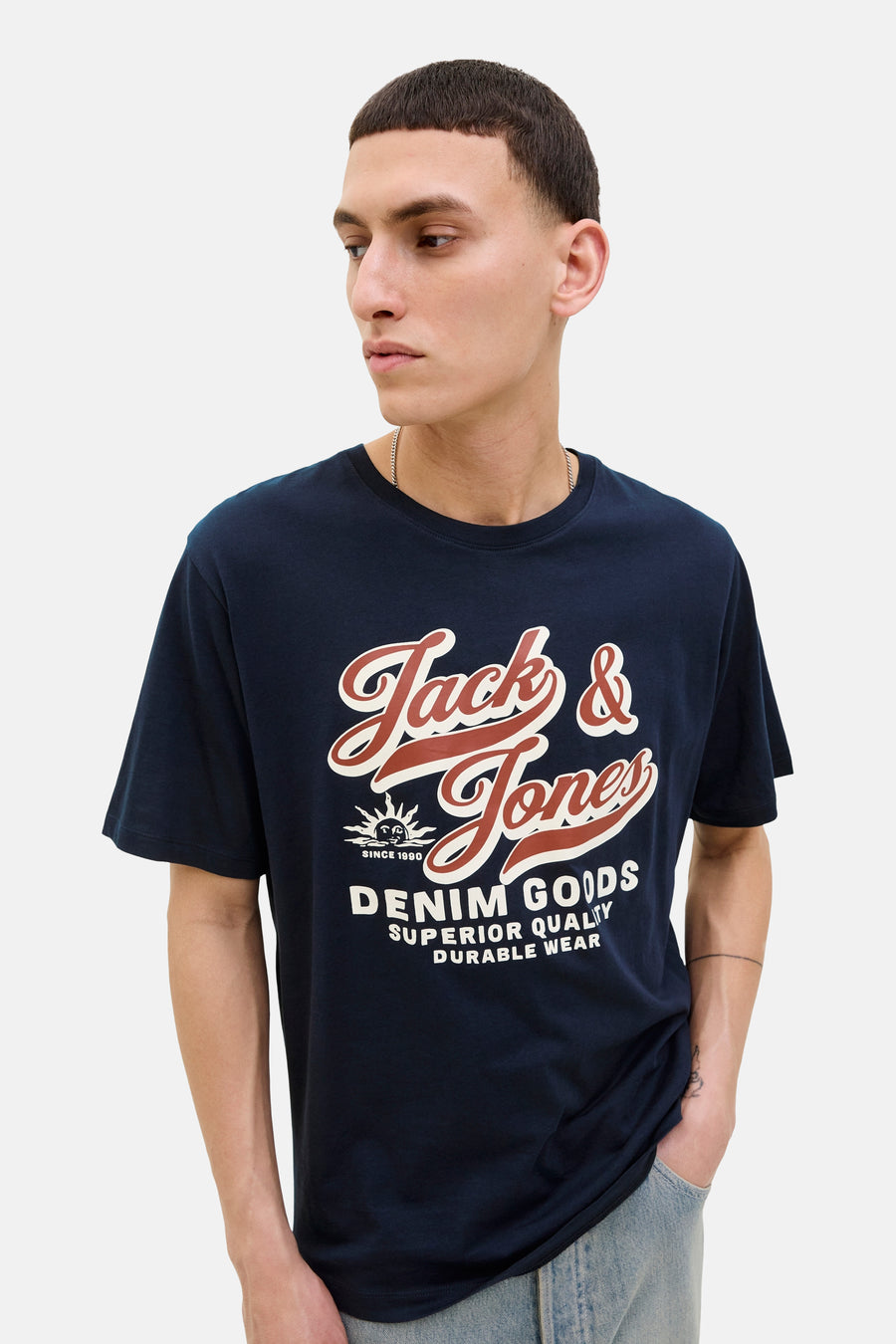 Blauw T-shirt met korte mouwen van ORIGINALS BY JACK & JONES met grote logoprint op de voorkant.