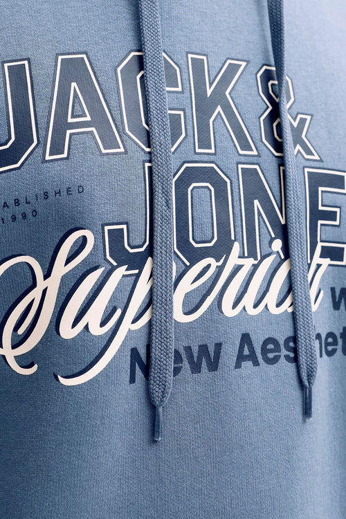 Blauwe hoodie van ORIGINALS BY JACK & JONES, met trekkoord en decoratieve letters.