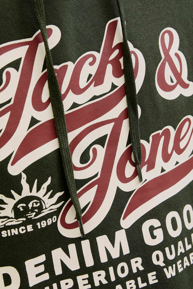 Groene hoodie van Originals by Jack & Jones met trekkoord en groot opgedrukt logo.