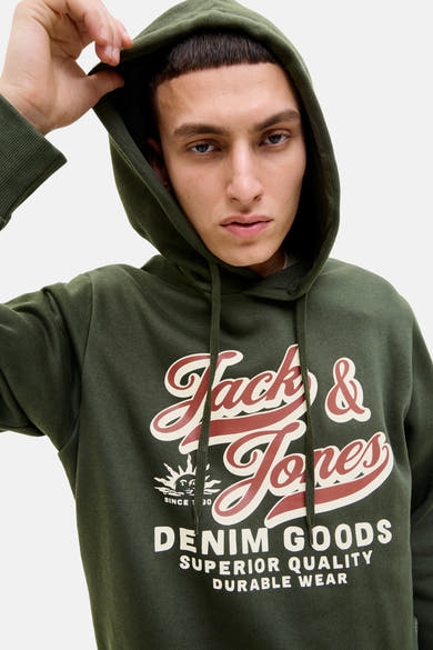 Olijfgroene hoodie van ORIGINALS BY JACK & JONES, met trekkoord en decoratieve opdruk.