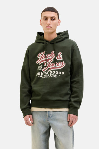 Groene hoodie van ORIGINALS BY JACK & JONES, met opdruk van het logo en trekkoord, gedragen met een blauwe jeans.