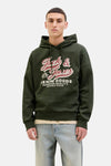 Groene hoodie van ORIGINALS BY JACK & JONES, met opdruk van het logo en trekkoord, gedragen met een blauwe jeans.