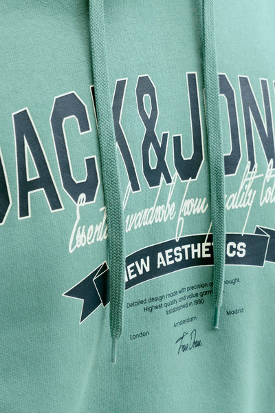 Blauwe hoodie van ORIGINALS BY JACK & JONES met grafische opdruk en trekkoorden.