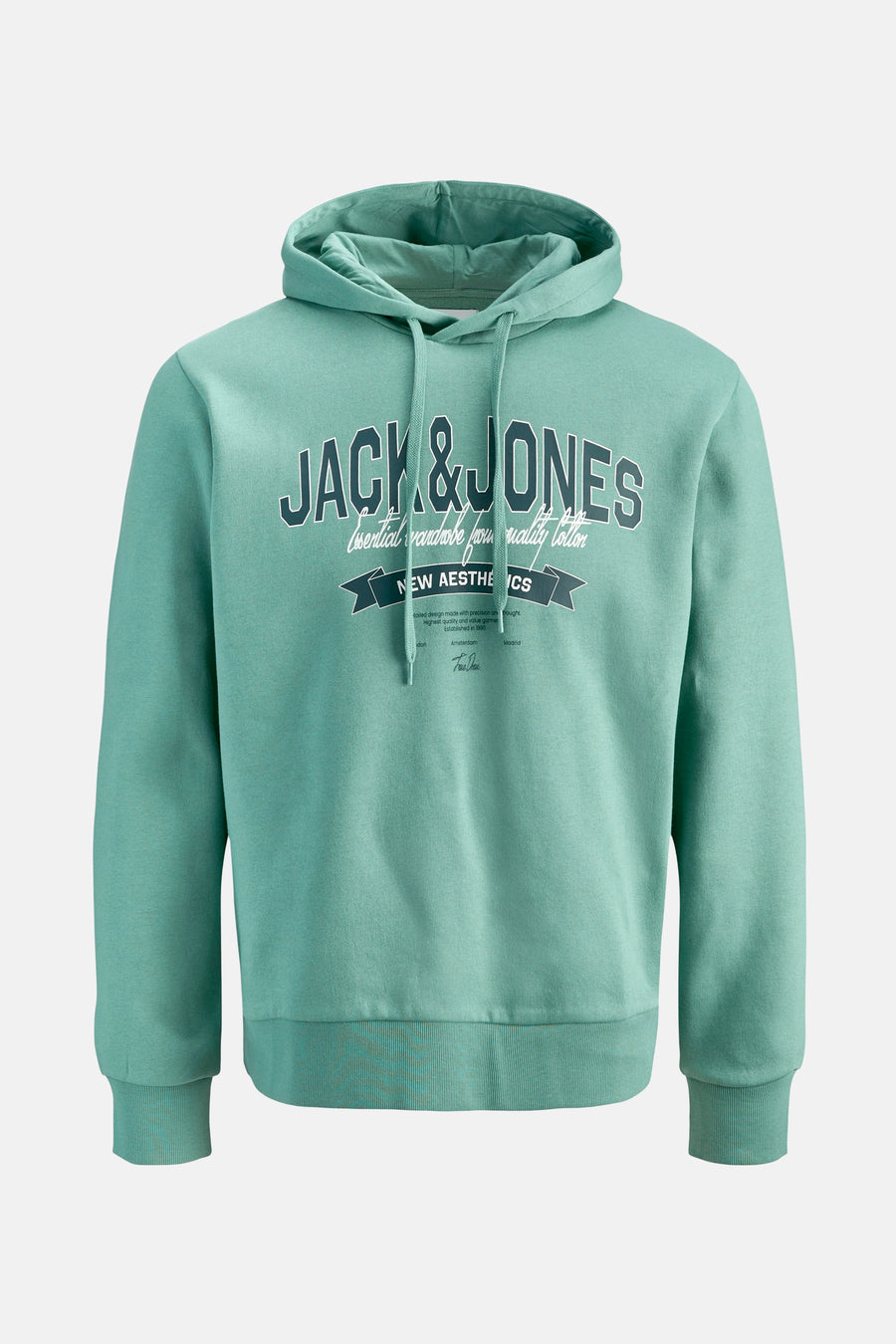 Blauwe hoodie van Originals by JACK & JONES, met trekkoord en opdruk aan de voorkant.