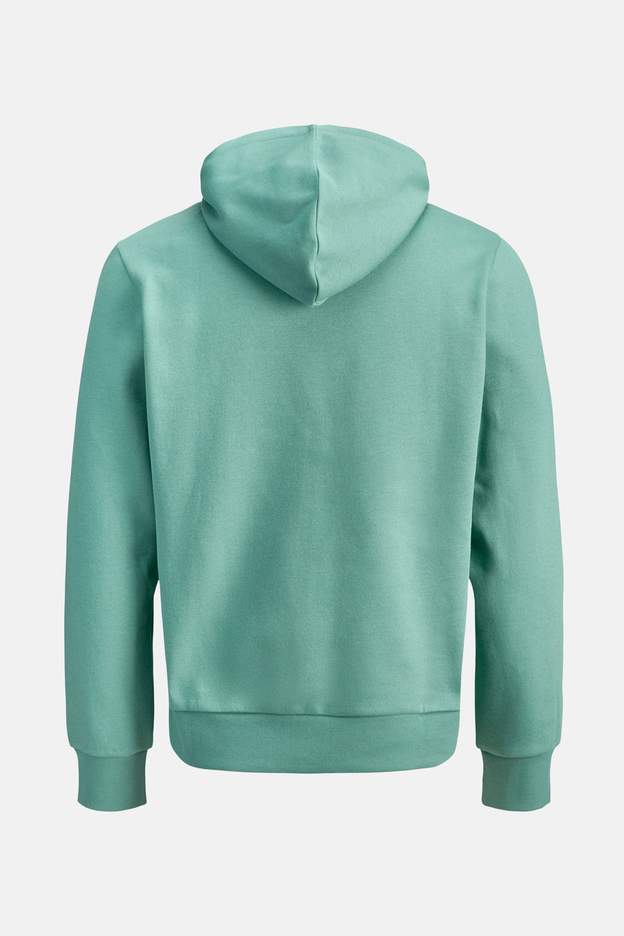 Turkooisblauwe hoodie van ORIGINALS BY JACK & JONES, achterkant, met capuchon en geribde zoom.