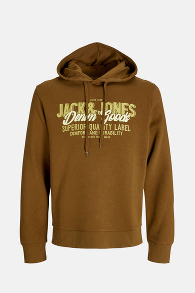 Sweat à capuche marron by ORIGINALS BY JACK & JONES avec cordon de serrage et graphisme sur le devant.