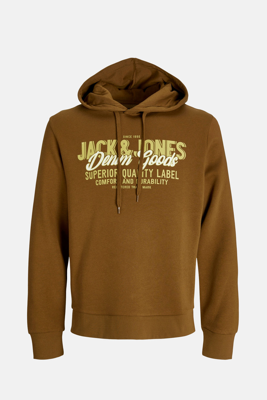 Sweat à capuche marron by ORIGINALS BY JACK & JONES avec cordon de serrage et graphisme sur le devant.