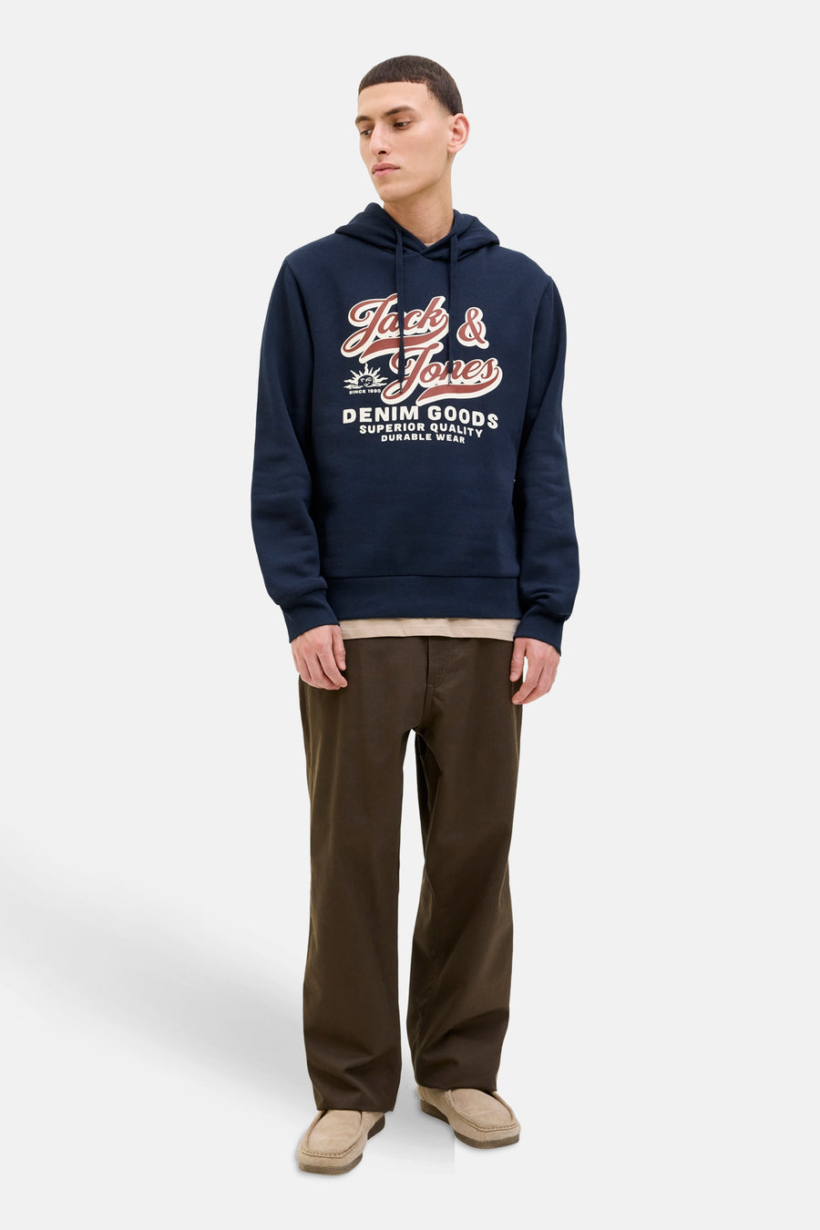Marineblauwe hoodie van ORIGINALS BY JACK & JONES, met opdruk op de voorkant.