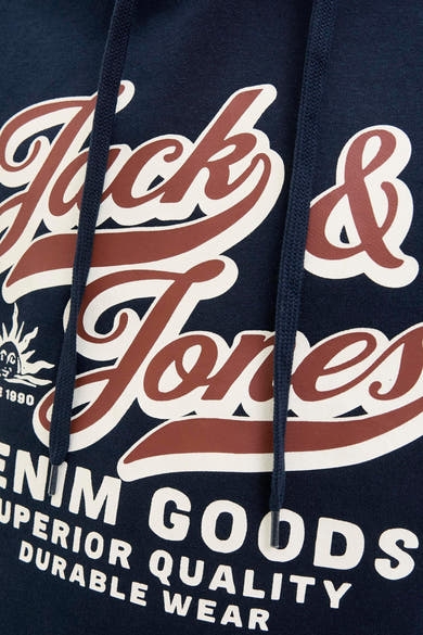 Blauwe hoodie van ORIGINALS BY JACK & JONES, met een groot logo op de voorkant.