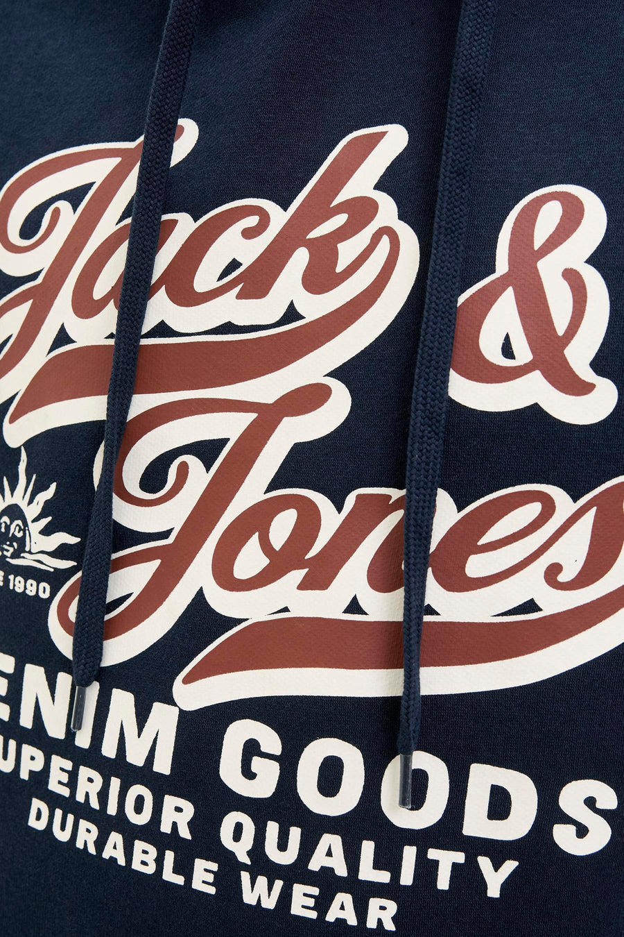 Blauwe hoodie van ORIGINALS BY JACK & JONES, met een groot logo op de voorkant.