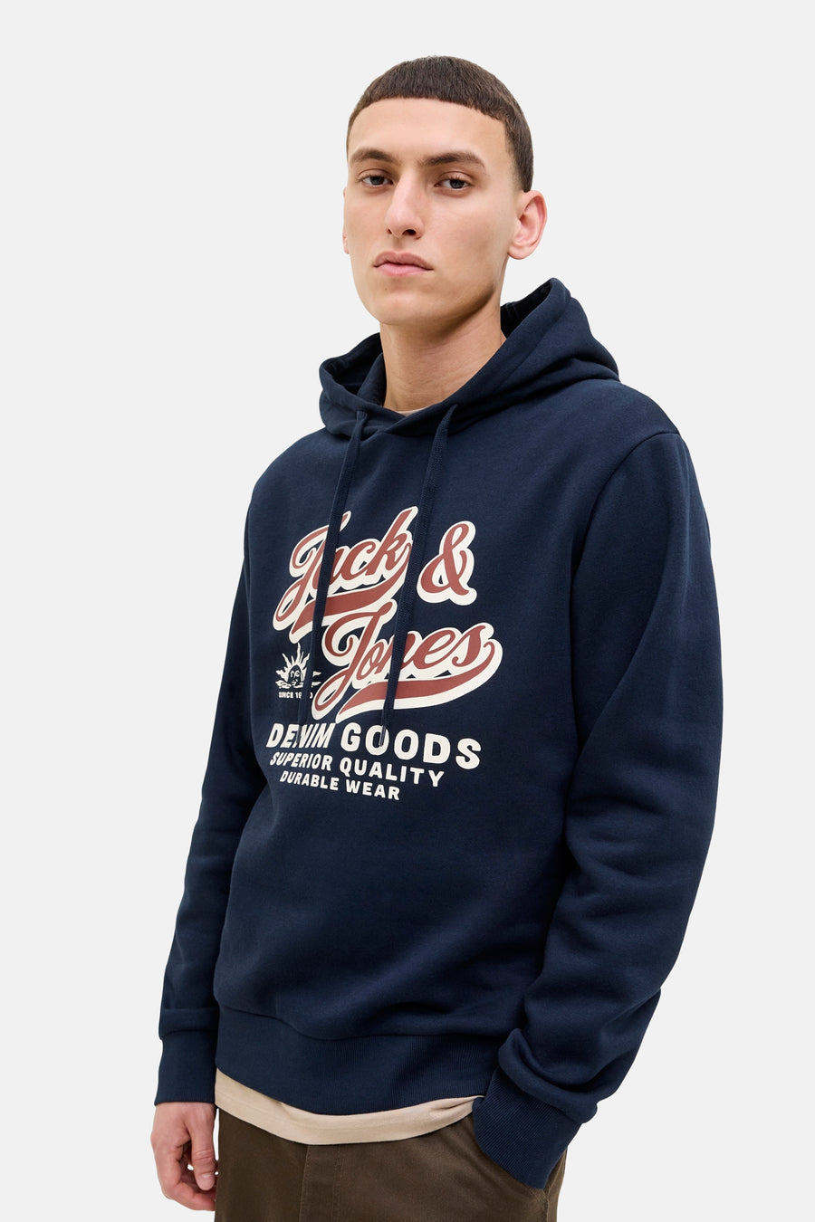 Blauwe hoodie van ORIGINALS BY JACK & JONES met een groot logo op de voorkant.