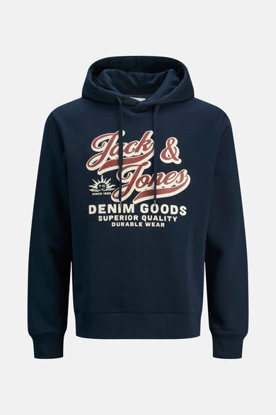 Marineblauwe hoodie van ORIGINALS BY JACK & JONES, met opdruk op de voorkant.