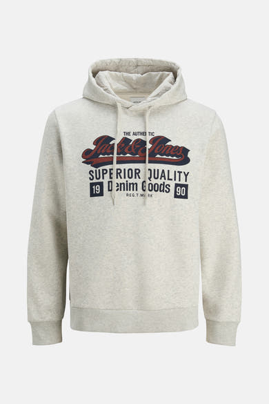 Sweat à capuche blanc chiné de ORIGINALS BY JACK & JONES avec un grand logo sur le devant.
