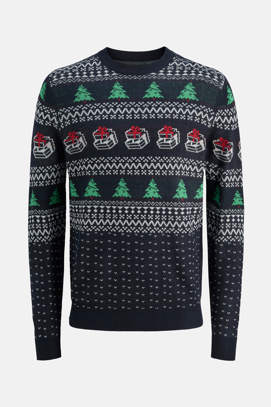 Pull à col rond bleu de JACK & JONES avec motifs de sapins de Noël et cadeaux.