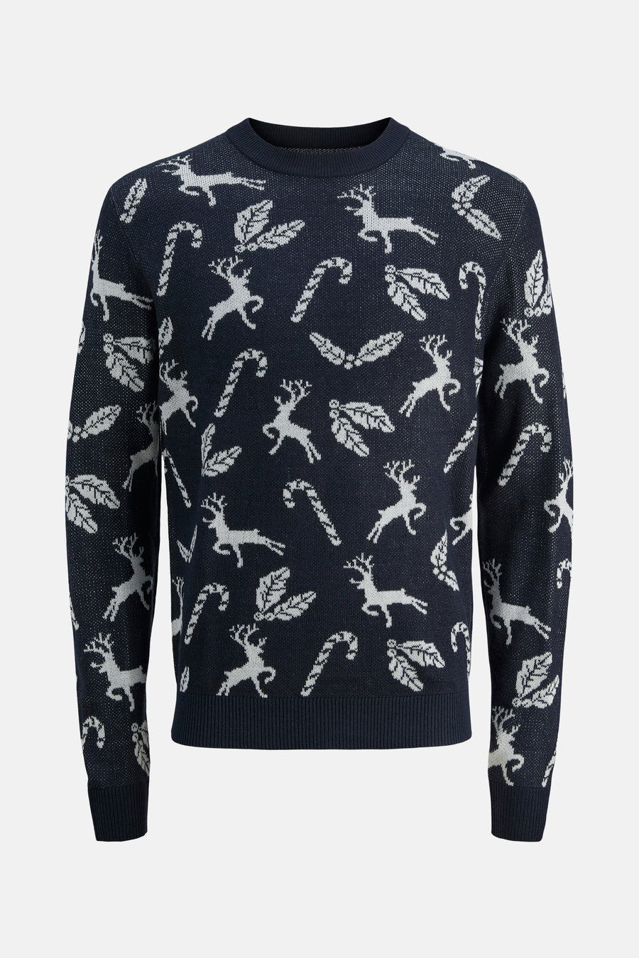 Pull à col rond bleu de JACK & JONES avec motif de rennes, de feuilles et de cannes de bonbon.