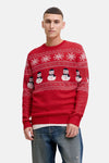 Pull à col rond rouge de JACK & JONES avec motif de flocons de neige et bonhommes de neige.