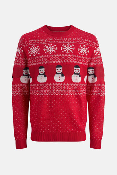 Pull à col rond rouge de JACK & JONES, avec motifs de flocons de neige et bonhommes de neige.
