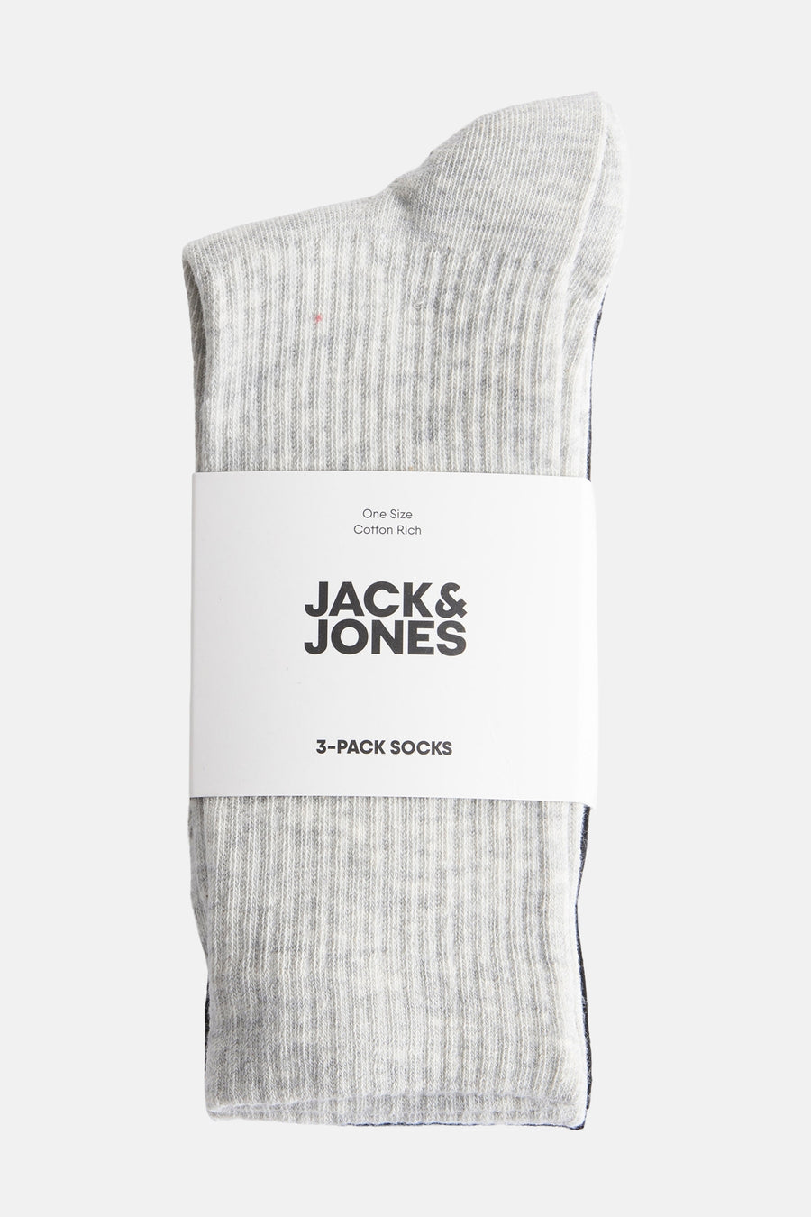Set van drie paar geribbelde grijze sokken van ACCESSORIES BY JACK & JONES, opgevouwen gepresenteerd met label.
