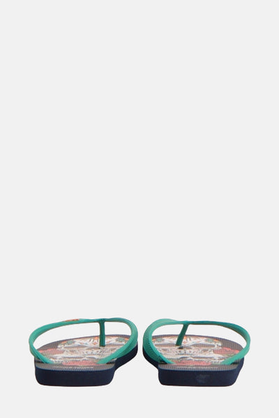Blauwe slippers van ACCESSORIES BY JACK & JONES met print en zeegroene bandjes.