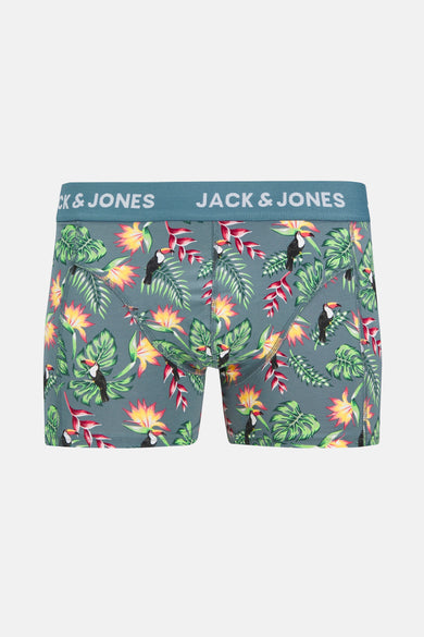 Blauwe boxer met tropische motieven van Jack & Jones, met toekans en bladeren.
