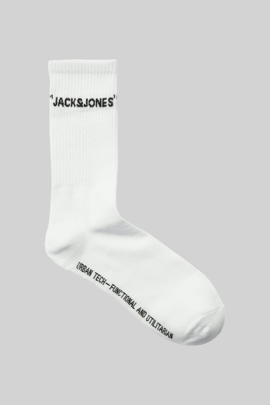 Witte sok van ACCESSORIES BY JACK & JONES, met zwarte opdruk "JACK&JONES" en tekst op de voet.