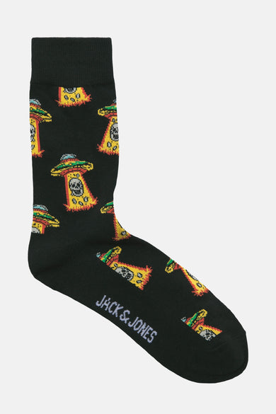 Zwarte sok ACCESSORIES BY JACK & JONES met pizzamotief en gepixelde ruimteschip.