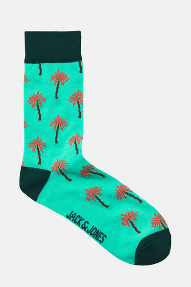 Multikleuren sokken van ACCESSORIES BY JACK & JONES met palmboomprint en donkergroene afwerkingen.
