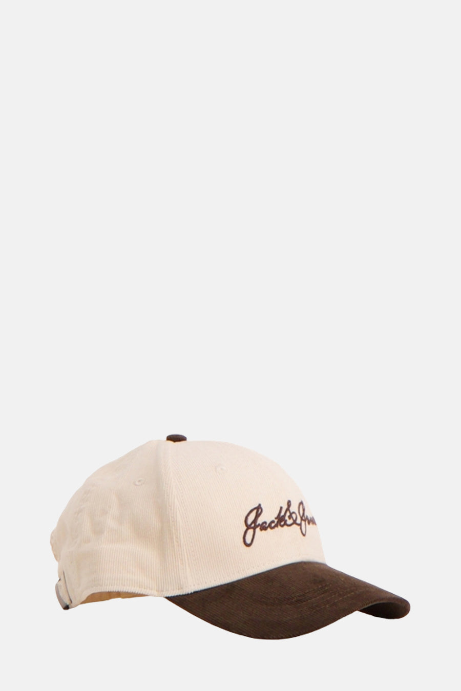 Beige corduroy cap from ACCESSORIES BY JACK & JONES with brown visor and embroidered logo.