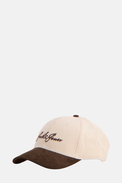 Beige corduroy cap by ACCESSORIES BY JACK & JONES with dark brown visor and embroidered logo.
