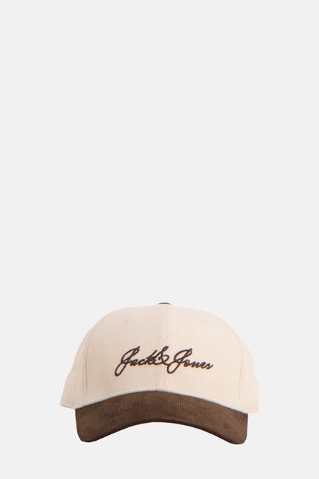 Beige katoenen pet van ACCESSORIES BY JACK & JONES met bruin geborduurd logo en geribbelde bruine klep.
