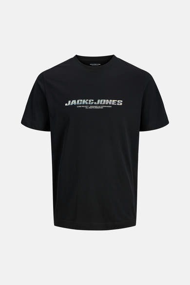 T-shirt noir à manches courtes de JACK & JONES, avec logo imprimé sur le devant.
