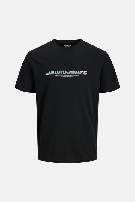 Zwart T-shirt met korte mouwen van JACK & JONES, met opdruk op de voorkant.