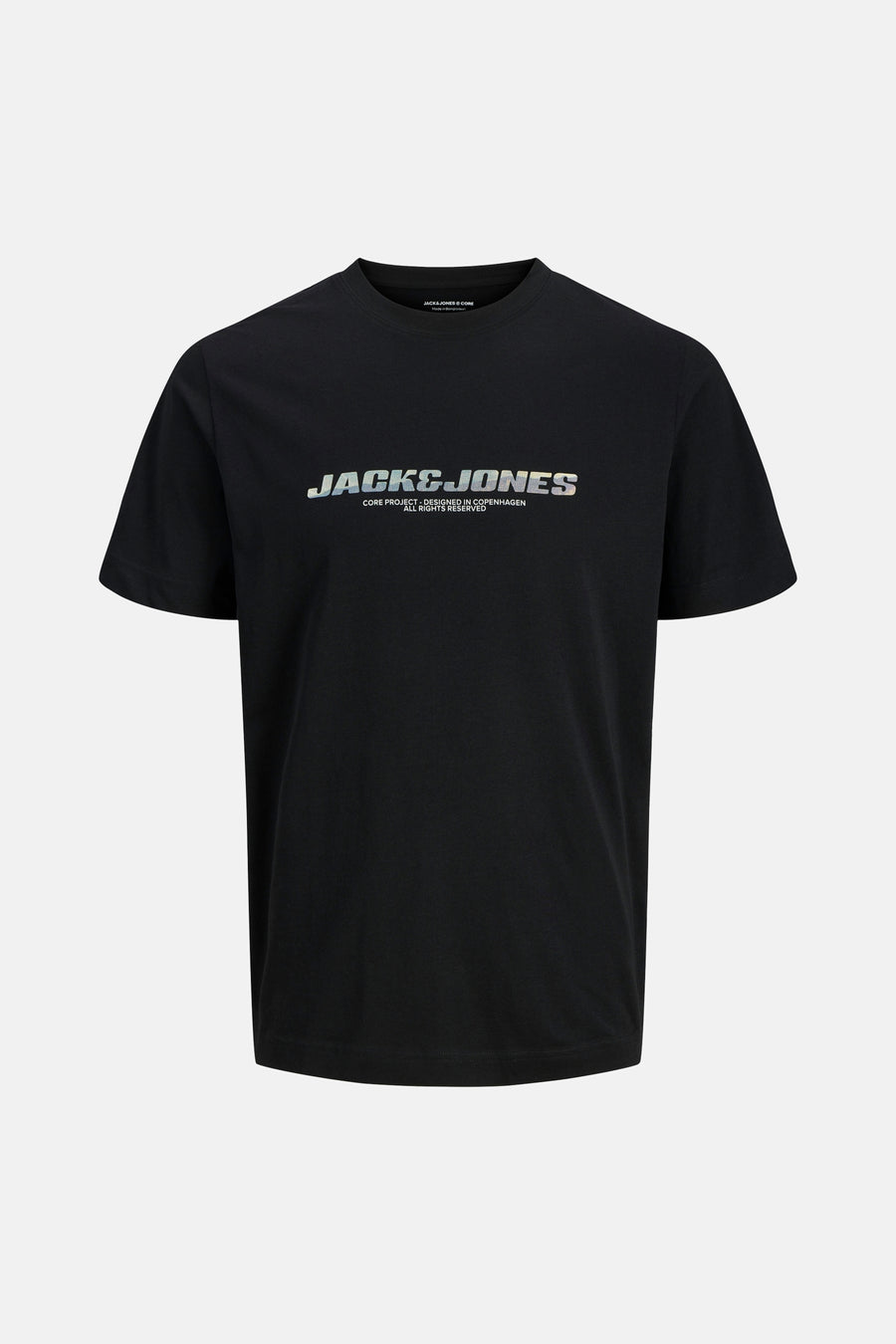T-shirt noir à manches courtes de JACK & JONES, avec logo imprimé sur le devant.
