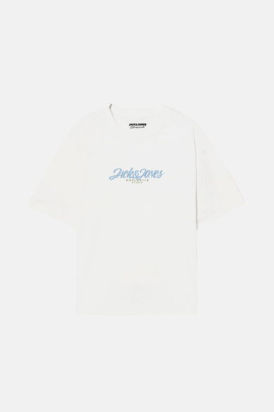 Wit T-shirt met korte mouwen van ORIGINALS BY JACK & JONES, met lichtblauwe letters op de voorkant.