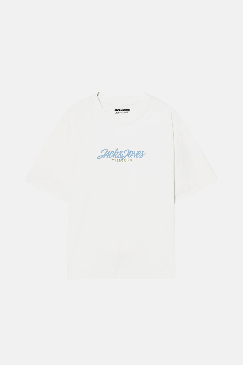 Wit T-shirt met korte mouwen van ORIGINALS BY JACK & JONES, met lichtblauwe letters op de voorkant.