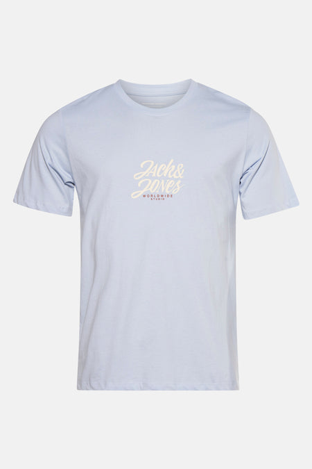 Blauw T-shirt met korte mouwen van ORIGINALS BY JACK & JONES met centraal logo op de voorkant.