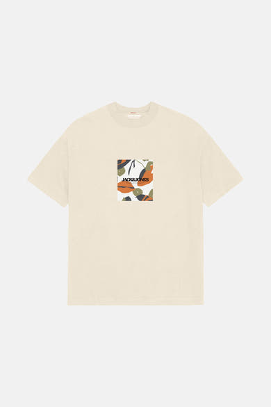 Gele T-shirt met korte mouwen van Originals by Jack & Jones met abstract patroon op de voorkant.