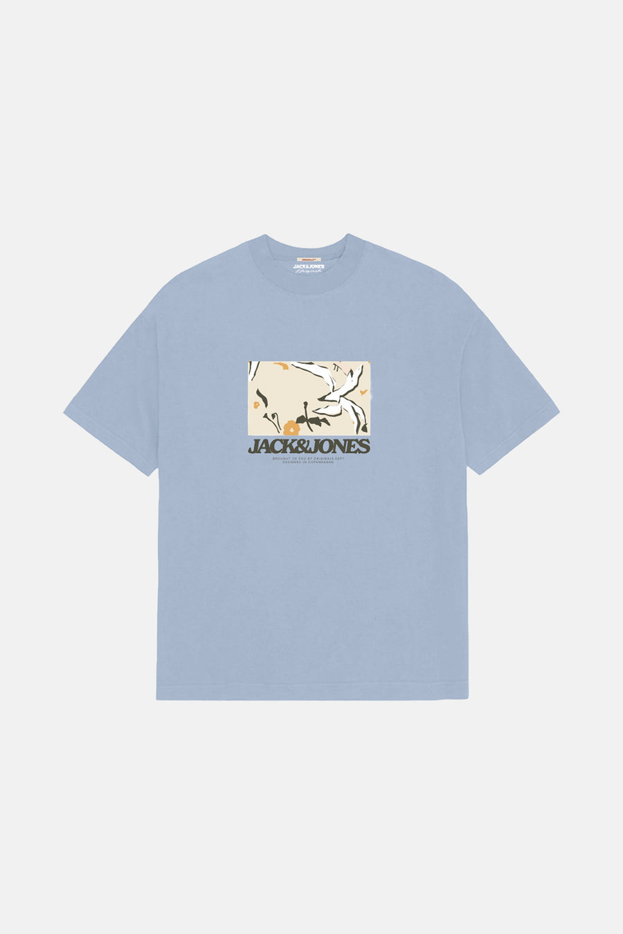 T-shirt bleu à manches courtes par ORIGINALS BY JACK & JONES avec motif graphique floral sur le devant.
