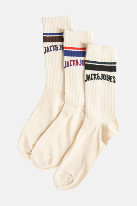 Set van drie paar ecru geribbelde sokken van Accessories by Jack & Jones, bruine en koningsblauwe strepen.