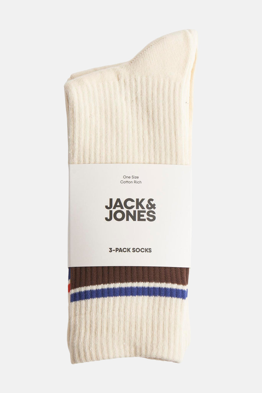 Lot de trois paires de chaussettes côtelées écrues par Accessories by Jack & Jones, rayures marron et bleu royales.