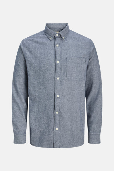 Blauw overhemd met lange mouwen van PREMIUM by JACK & JONES, met borstzak en witte knopen.