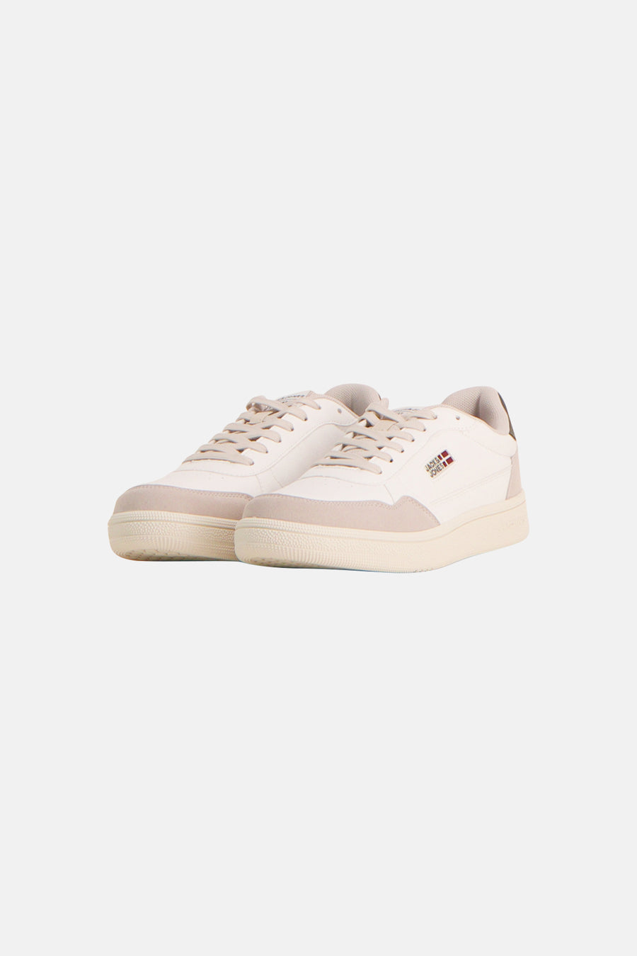 White and beige low-top sneakers by Jack & Jones, featuring suede toe cap, lace-up front, and side logo patch, shown in front view.